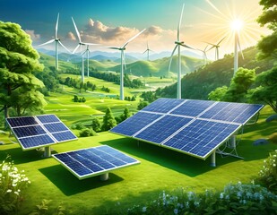 A futuristic eco-friendly landscape featuring solar panels, wind turbines, and a green energy display in the foreground. The scene is set in a lush valley filled with vibrant greenery, trees, and wind