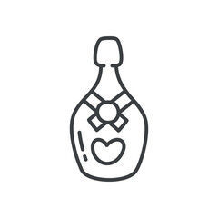 Cute champagne icon. Hand drawn monochrome illustration of a sparkling wine bottle decorated with a heart isolated on a white background. Vector 10 EPS.