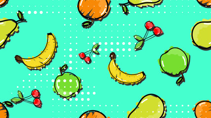 Vector illustration. Seamless pattern of fruits. Hand-drawn style. Line art. Color doodle style. Design for wallpaper, background, poster, banner.