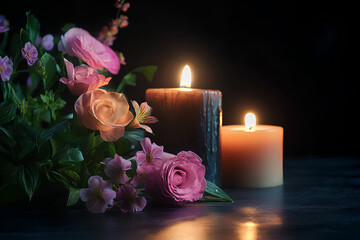 Burning candles and flowers on table against black background