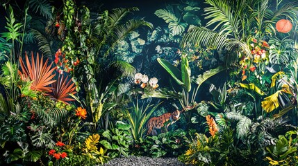 Fototapeta premium A maximalist wallpaper design showcasing vibrant jungle themes, filled with lush greenery, exotic animals, and bold primary colors for a lively atmosphere.