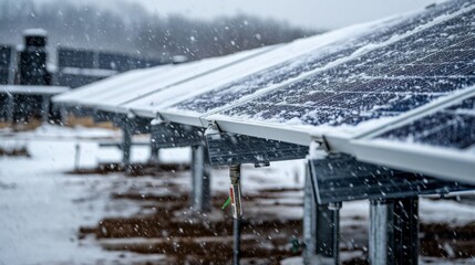 A close-up of a solar array being tested in harsh weather conditions, with snow covering the panels.