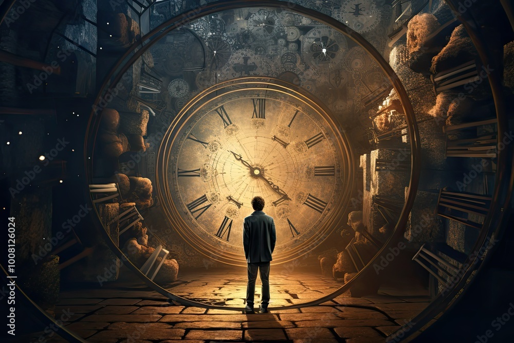 Poster a figure gazes into a colossal clock portal surrounded by an array of smaller timepieces in a shadow