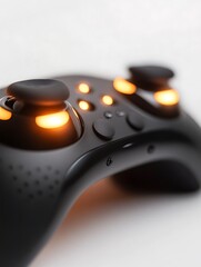 Close-up of a Black Game Controller with Glowing Buttons.