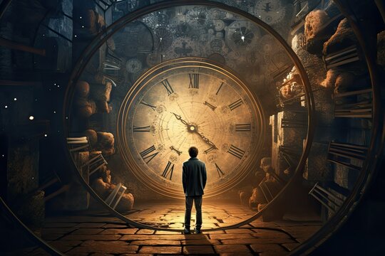 A figure gazes into a colossal clock portal surrounded by an array of smaller timepieces in a shadowy chamber pondering their journey through time