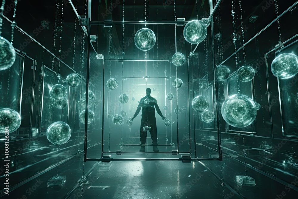 Poster in a high tech chamber a time traveler reaches out to shimmering orbs immersed in glowing light as a