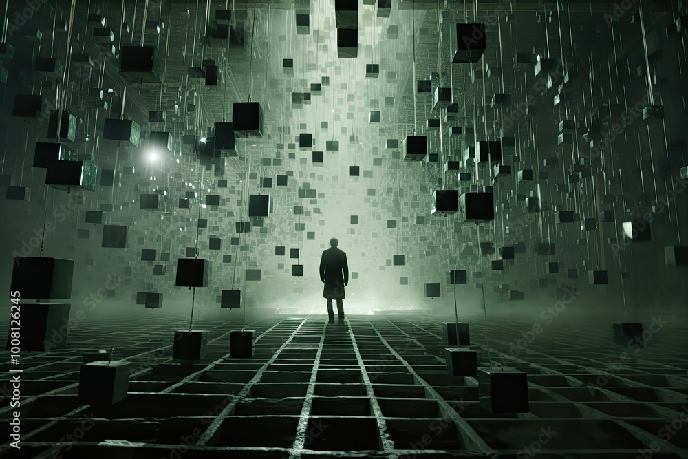 Poster in an enigmatic realm a time traveler confronts an ethereal portal engulfed by floating cubes that c