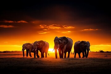 Fototapeta premium An elephant sanctuary at sunset, with elephants silhouetted against the orange sky, walking slowly through the open fields.