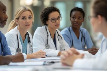 A multi-racial group of doctors and nurses reviewing ethical treatment guidelines in a hospital meeting room, medical ethics, team building