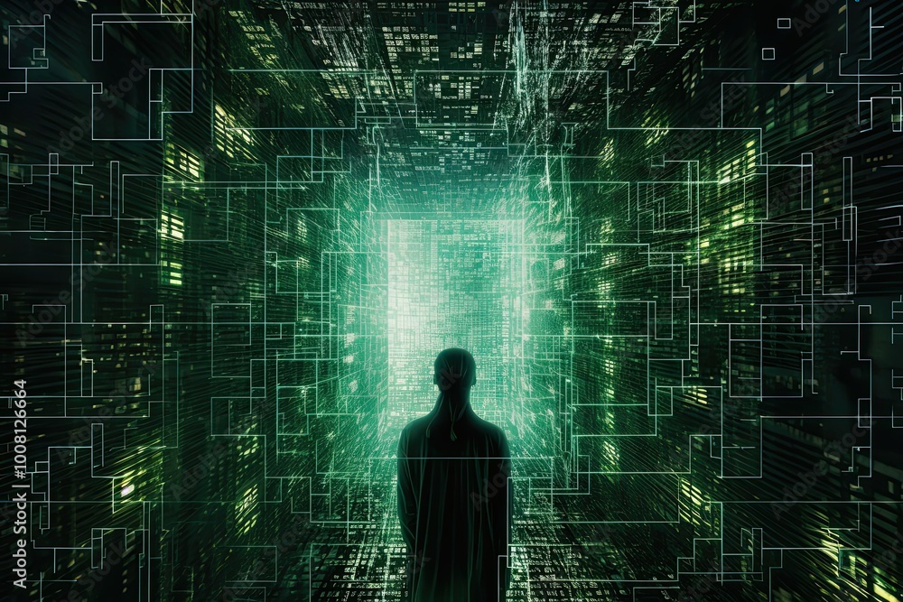 Poster a solitary figure gazes into a brilliant portal surrounded by a mesmerizing digital environment fill
