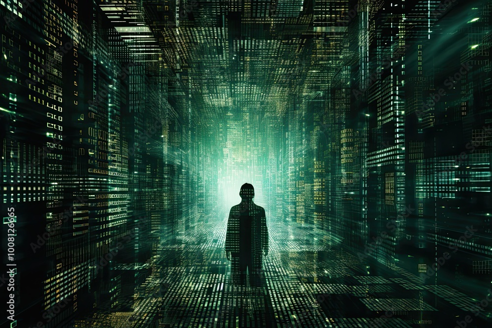 Poster a mysterious figure of a time traveler prepares to enter a radiant portal surrounded by luminous dig