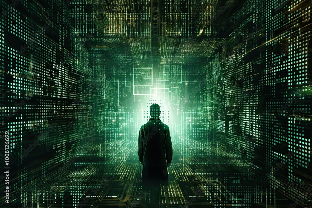 Poster a mysterious figure faces a luminous portal immersed in a whirlwind of glowing digital patterns and 