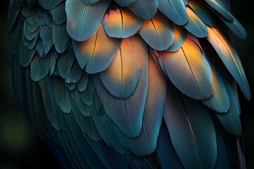 Fototapeta premium Close-up of a bird's feathers with a teal and orange color gradient.