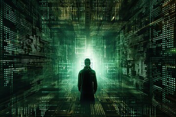 A mysterious figure faces a luminous portal immersed in a whirlwind of glowing digital patterns and data suggesting a journey through time