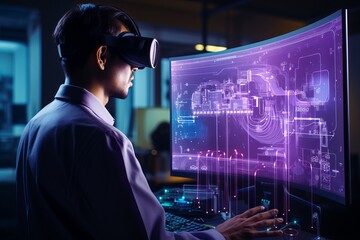 A researcher explores virtual reality technology in a high-tech laboratory at night