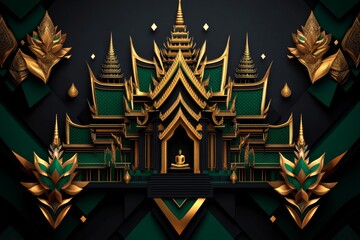 Geometric design of the Temple of the Emerald Buddha, using abstract shapes and vibrant gold and green tones to capture the grandeur of the temple in minimalist form.