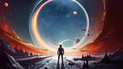 Fototapeta premium astronaut on unknown planet looking at earth