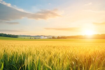 Fototapeta premium Sunlit Biomass Field:Harmonizing Agriculture and Energy Production. A golden field leading the eye to a distant biomass facility.