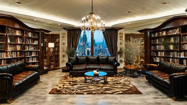 Opulent Victorian parlor with floor-to-ceiling bookshelves. Leather sofas and animal hide rug create luxurious atmosphere. 