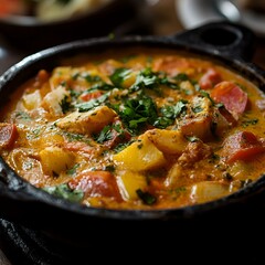 Delicious Homemade Vegetable Curry with Fresh Herbs in a Rustic Black Pot, Perfect for Cozy Family Dinners and Celebrations.