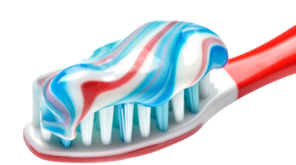 Close up of toothpaste on a toothbrush on transparent and white background, cut out png