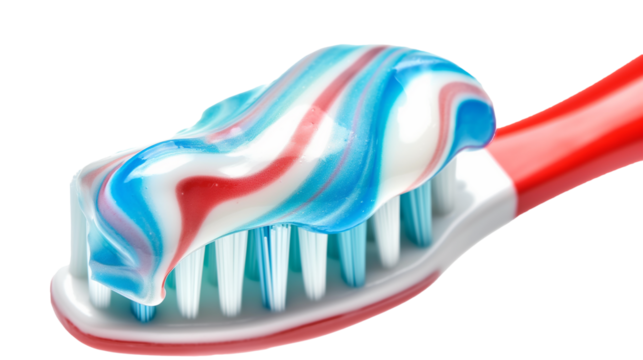 Close up of toothpaste on a toothbrush on transparent and white background, cut out png