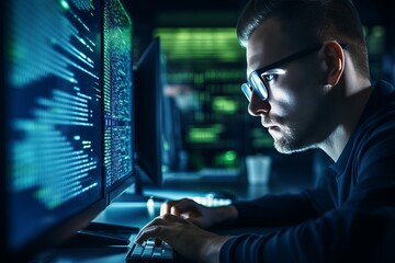 Focused programmer coding in a dimly lit workspace surrounded by multiple monitors