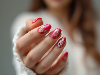 Trendy modern women's fingernail art service. Female manicure and multi-color women's fingernail art.