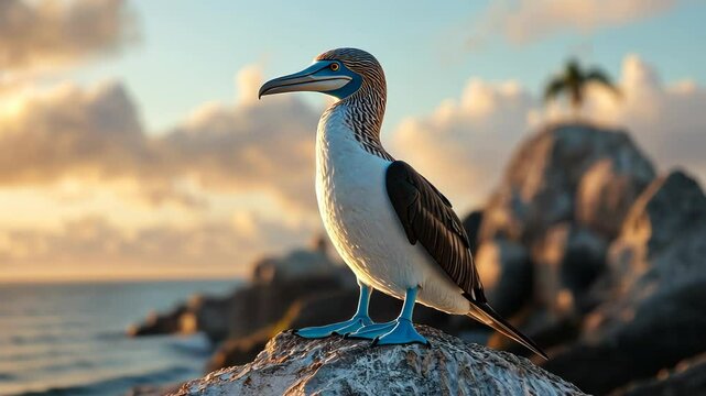 Blue-footed Booby Perched on a Rock at Sunset