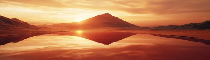 Heavenly Pizza Paradise: Surreal Sunset Over Tomato Sauce Lake with Pizza Mountain Reflection, Soft Illumination