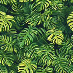 A lush seamless pattern featuring vibrant green monstera leaves on a dark background.