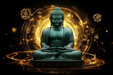 The Emerald Buddha glowing with supernatural energy, set within a fantasy temple, where golden light and magical symbols surround the statue, creating a mystical aura.