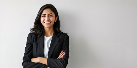 A smiling professional Arab or Asian woman in business attire standing with arms crossed on a white background, with room for text.