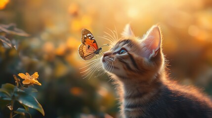 Kitten staring at butterfly in warm sunset lighting