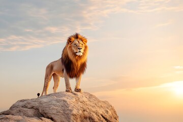Majestic Lion Standing Tall and Proud on a Rocky Hilltop in the Savannah,with the Golden Light of Sunrise Illuminating its Magnificent Mane - A Stunning Wildlife Photography Showcase
