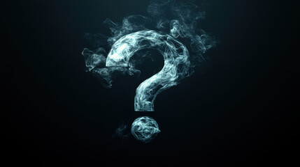 floating 3D question mark made of smoke and light creates intriguing visual effect, evoking curiosity and wonder. ethereal quality of smoke enhances mystery