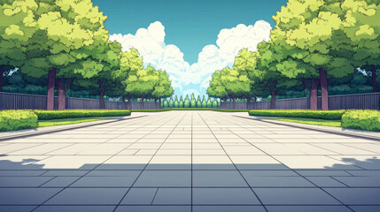 A wide, paved pathway lined by lush green trees and a fence leading to a  sunny, blue sky.