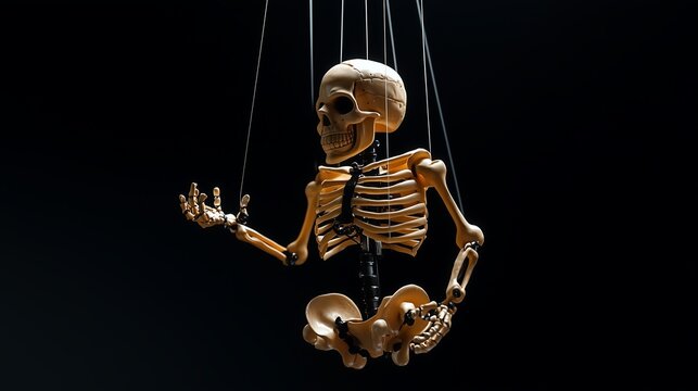 A skeleton marionette being controlled by strings against a black background. The image symbolizes manipulation and control, conveying a sense of being forced.
