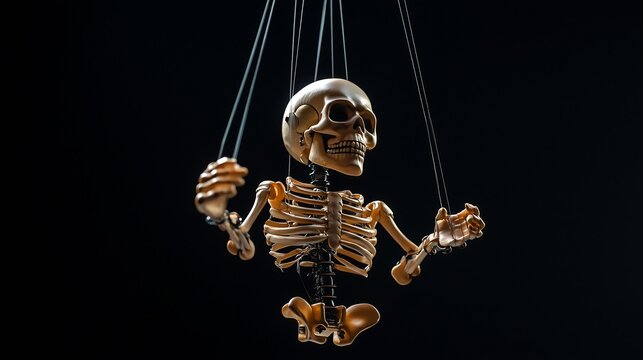 A skeleton marionette being controlled by strings against a black background. The image symbolizes manipulation and control, conveying a sense of being forced.