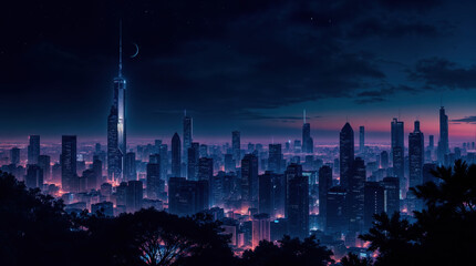Futuristic megacity skyline at night, illuminated skyscrapers under crescent moon and starry sky, urban landscape with neon lights and distant horizon