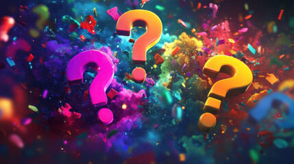 vibrant explosion of colorful 3D question marks surrounded by burst of confetti and abstract shapes creates engaging and dynamic visual