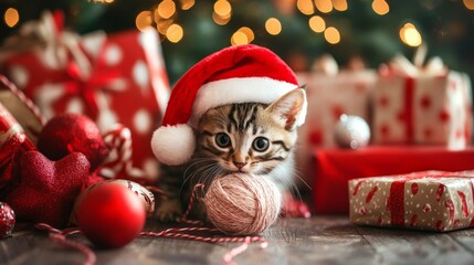 Obraz premium A Kitten Wearing a Santa Hat Plays with Yarn Amongst Christmas Decorations