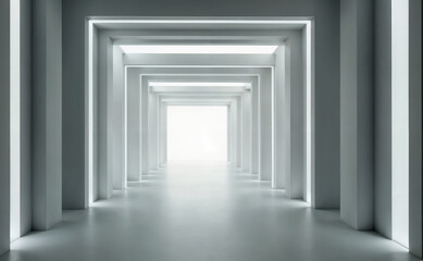 Futuristic white corridor with geometric frames leading to bright light, symbolizing progress, innovation, and the journey towards enlightenment