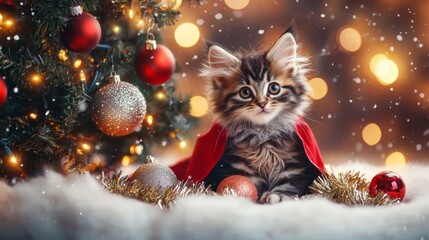Adorable Kitten in Red Cape by a Christmas Tree
