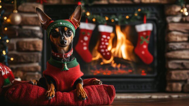 Miniature Pinscher Wearing Christmas Sweater in Front of Fireplace