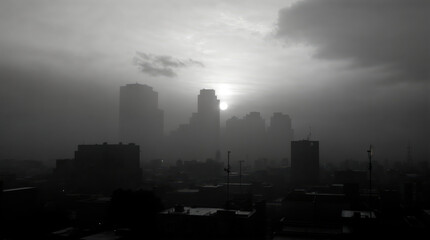 Moody cityscape at dusk, skyscrapers silhouetted against misty sky, sun barely visible through haze, urban landscape in grayscale tones