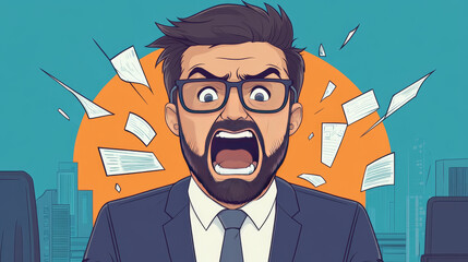 A frustrated businessman yells as papers fly around him.