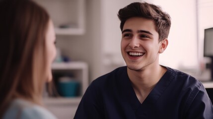 Obraz premium Young Male Doctor Smiling in a Professional Setting, Wearing Dark Blue Medical Scrubs