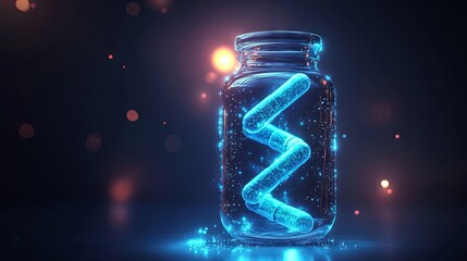 Obraz premium Bottle of supplements featuring glowing light blue capsules containing omega-3 and DNA