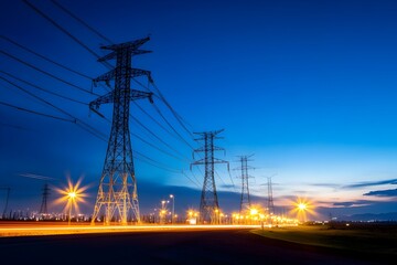 Illuminated high-voltage power transformers and transmission towers at night,showcasing the reliable energy infrastructure that powers the electrical grid.